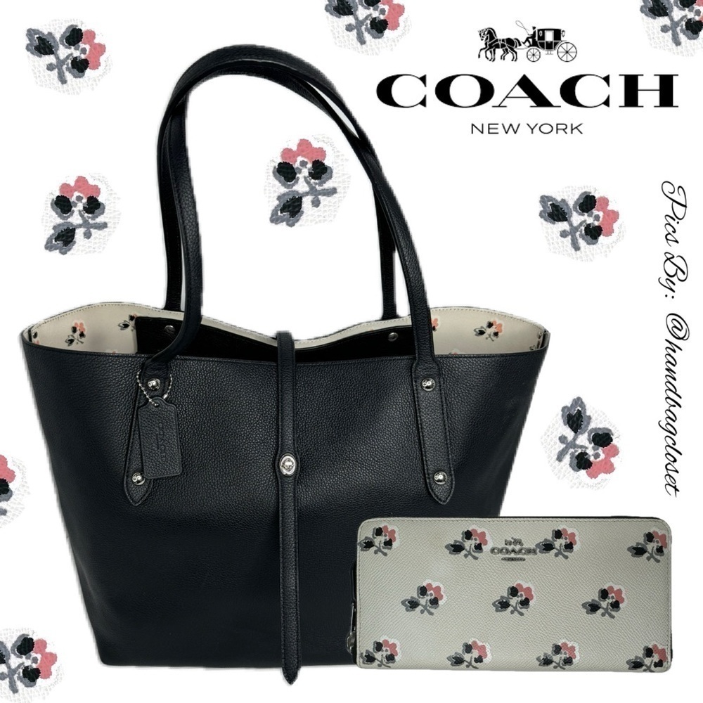 COACH MARKET TOTE IN BLACK PEBBLE LEATHER F36358 BRAMBLE CHALK FLORAL BAG